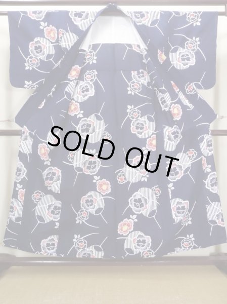 画像2: J0702O ゆかた 女性用着物  綿 青みのある  藍, 花 【中古】 【USED】 【リサイクル】 ★★★★☆ (2)