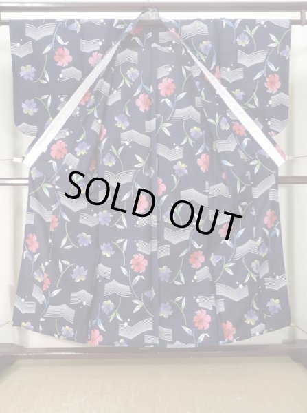 画像2: J0702T ゆかた 女性用着物  綿 青みのある  藍, 花 【中古】 【USED】 【リサイクル】 ★★★★☆ (2)