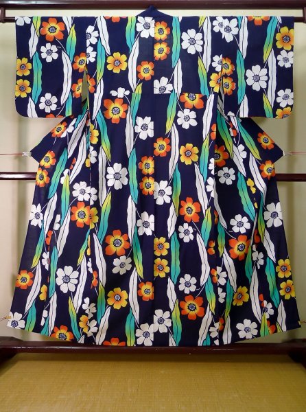 画像1: J0710X 女性用 注染浴衣   綿 藍,  花 【中古】【USED】【リサイクル】 ★★★☆☆【J0710X】 (1)