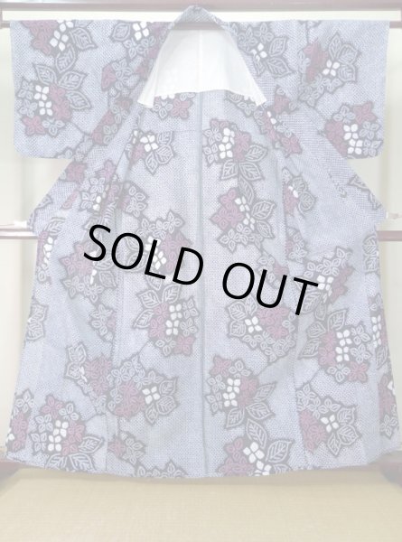 画像2: J0715A ゆかた 女性用着物 有松絞り 綿 青みのある  赤, 花 【中古】 【USED】 【リサイクル】 ★★★★☆ (2)