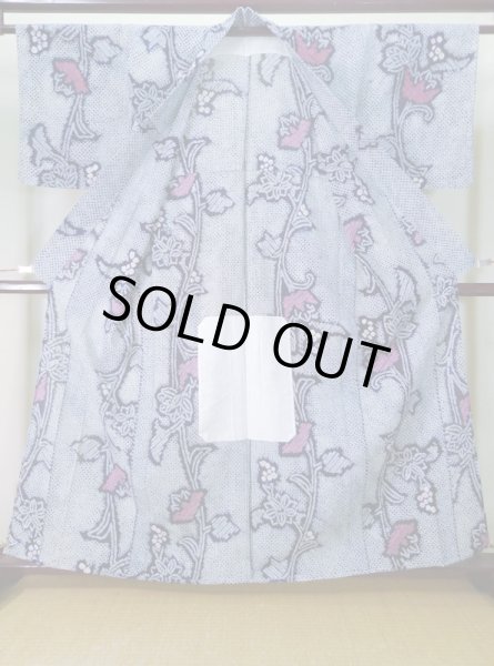 画像2: J0715B ゆかた 女性用着物 有松絞り 綿 青みのある  赤, 花 【中古】 【USED】 【リサイクル】 ★★★★☆ (2)