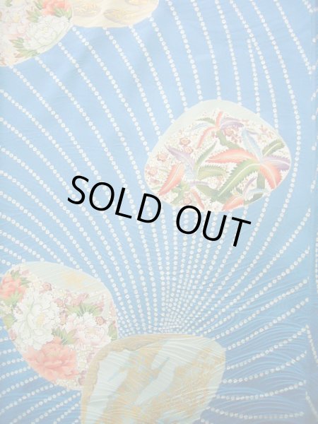 画像5: J0715O 小紋 女性用着物 千總/高島屋/手描き友禅 シルク（正絹） シャイニーな  水色, ぼたん 【中古】 【USED】 【リサイクル】 ★★★★☆ (5)