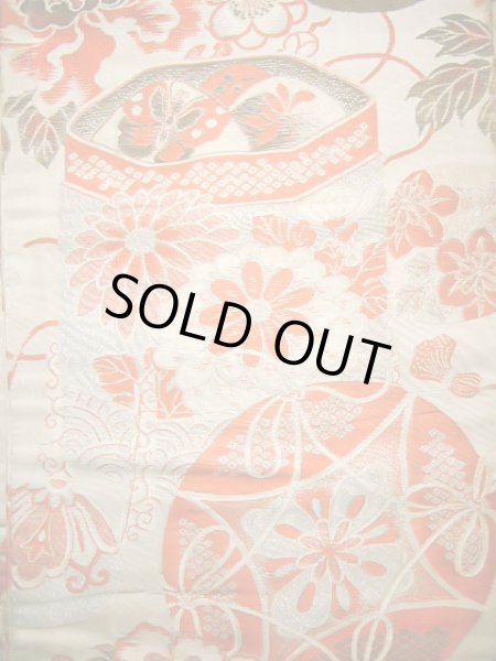 画像3: J0911H 半幅帯  女性用着物 シルク(正絹)   オフ ホワイト ぼたん  , リバーシブル【中古】 【USED】 【リサイクル】 ★☆☆☆☆ (3)