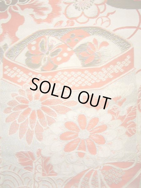 画像6: J0911H 半幅帯  女性用着物 シルク(正絹)   オフ ホワイト ぼたん  , リバーシブル【中古】 【USED】 【リサイクル】 ★☆☆☆☆ (6)