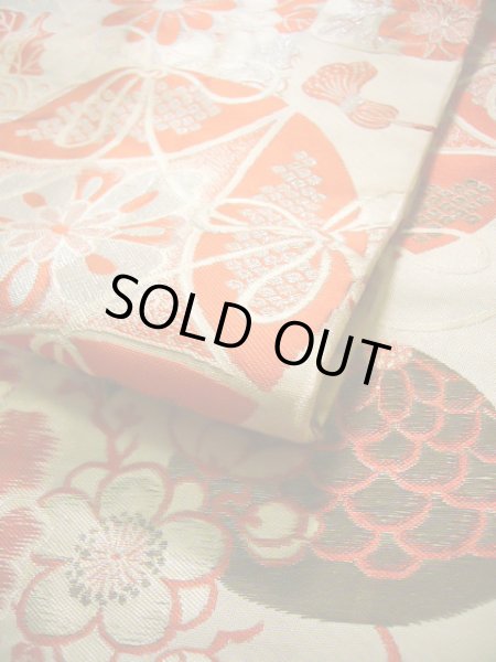 画像10: J0911H 半幅帯  女性用着物 シルク(正絹)   オフ ホワイト ぼたん  , リバーシブル【中古】 【USED】 【リサイクル】 ★☆☆☆☆ (10)