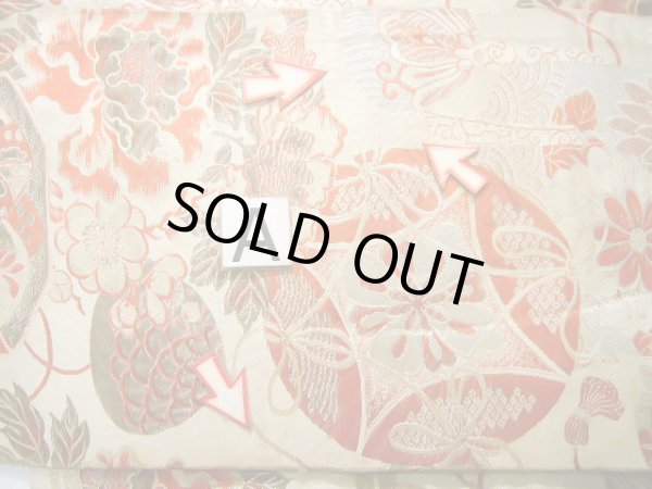 画像11: J0911H 半幅帯  女性用着物 シルク(正絹)   オフ ホワイト ぼたん  , リバーシブル【中古】 【USED】 【リサイクル】 ★☆☆☆☆ (11)