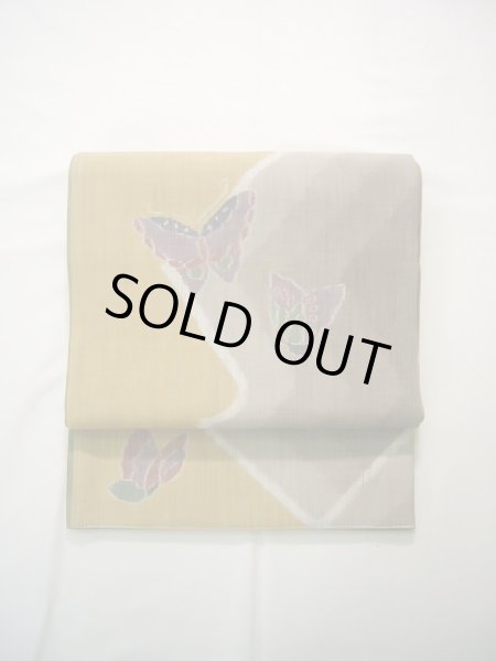 画像2: J0918L 袋帯  女性用着物 シルク(正絹) ヘザー(杢)  ブラウン(茶色) 蝶々  , リバーシブル【中古】 【USED】 【リサイクル】 ★★★★☆ (2)