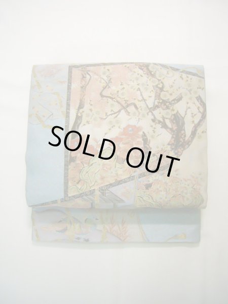 画像2: J0918M 袋帯  女性用着物 シルク(正絹) スモーキーな  水色 梅  , 萬葉【中古】 【USED】 【リサイクル】 ★★★★☆ (2)