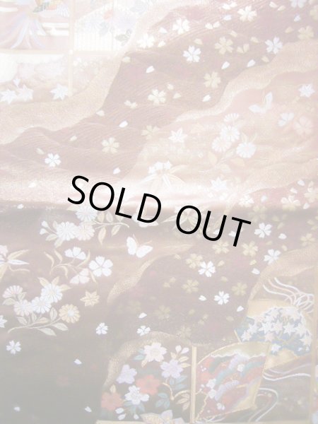 画像4: J0918S 袋帯  女性用着物 シルク(正絹) シャイニーな  えんじ 菊   【中古】 【USED】 【リサイクル】 ★★★★☆ (4)