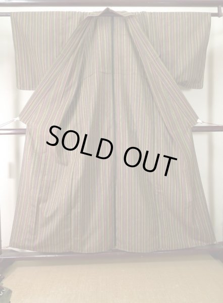 画像2: J0926P Mint  紬 女性用着物  シルク(正絹) ヘザー(杢)  イエロー(黄色), 縞 【中古】 【USED】 【リサイクル】 ★★★★☆ (2)