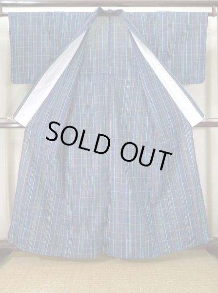 画像2: J1001X Mint  紬 女性用着物  麻 深い  青, チェック柄 【中古】 【USED】 【リサイクル】 ★★★★☆ (2)
