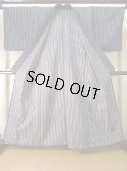 画像2: J1014H Mint  単衣 女性用着物  化繊 ダークな  グリーン(緑), 縞 【中古】 【USED】 【リサイクル】 ★★★★☆ (2)