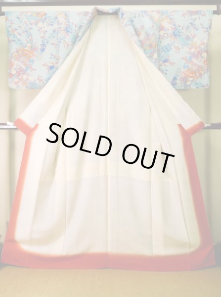 画像2: J1014N  小紋 女性用着物  シルク(正絹) 淡い  水色, ぼたん 【中古】 【USED】 【リサイクル】 ★★★★☆ (2)