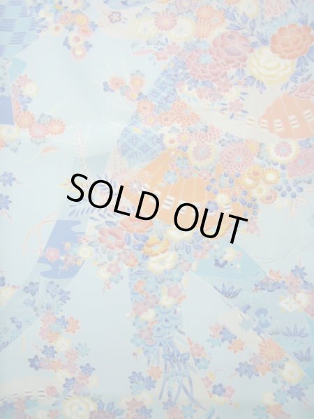 画像4: J1014N  小紋 女性用着物  シルク(正絹) 淡い  水色, ぼたん 【中古】 【USED】 【リサイクル】 ★★★★☆ (4)