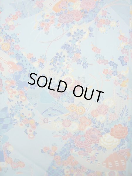 画像5: J1014N  小紋 女性用着物  シルク(正絹) 淡い  水色, ぼたん 【中古】 【USED】 【リサイクル】 ★★★★☆ (5)