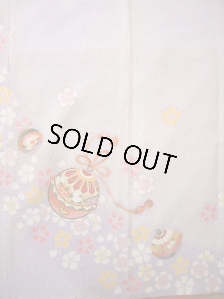 画像3: J1104J  子供用 女性用着物 杜若、鈴柄 化繊 薄い 深い 藤, 菊 【中古】 【USED】 【リサイクル】 ★★☆☆☆ (3)