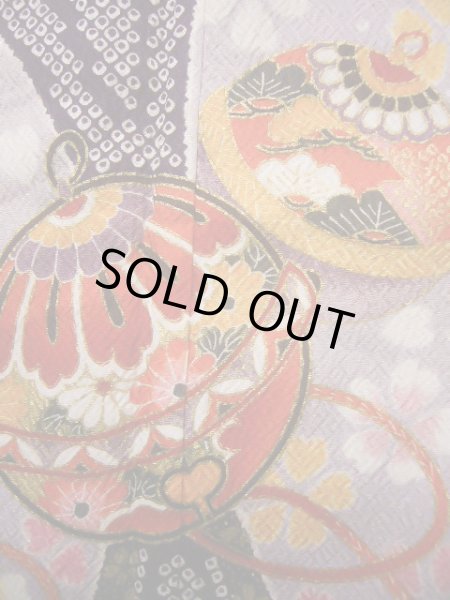 画像6: J1104J  子供用 女性用着物 杜若、鈴柄 化繊 薄い 深い 藤, 菊 【中古】 【USED】 【リサイクル】 ★★☆☆☆ (6)