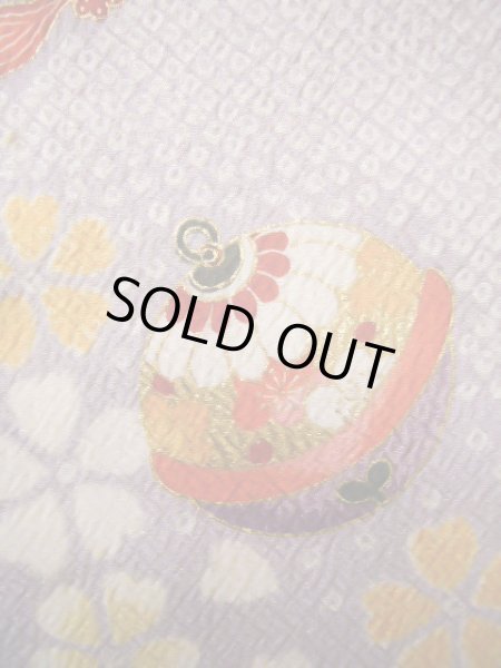 画像10: J1104J  子供用 女性用着物 杜若、鈴柄 化繊 薄い 深い 藤, 菊 【中古】 【USED】 【リサイクル】 ★★☆☆☆ (10)