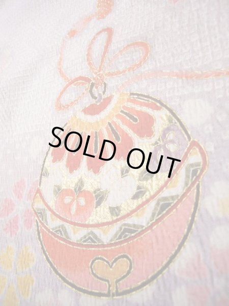 画像16: J1104J  子供用 女性用着物 杜若、鈴柄 化繊 薄い 深い 藤, 菊 【中古】 【USED】 【リサイクル】 ★★☆☆☆ (16)