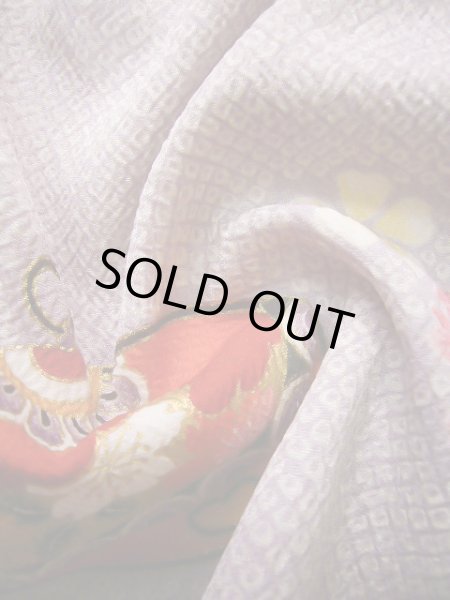 画像18: J1104J  子供用 女性用着物 杜若、鈴柄 化繊 薄い 深い 藤, 菊 【中古】 【USED】 【リサイクル】 ★★☆☆☆ (18)