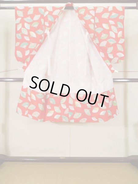 画像2: J1104L  子供用 女性用着物  化繊   朱赤, 菊 【中古】 【USED】 【リサイクル】 ★★★☆☆ (2)