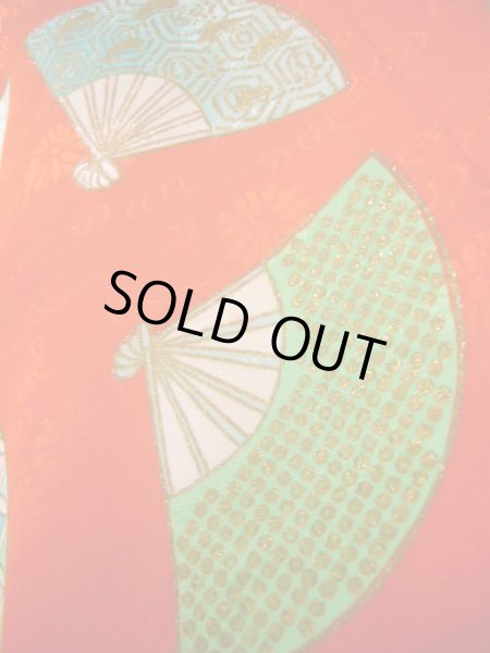 画像10: J1104L  子供用 女性用着物  化繊   朱赤, 菊 【中古】 【USED】 【リサイクル】 ★★★☆☆ (10)