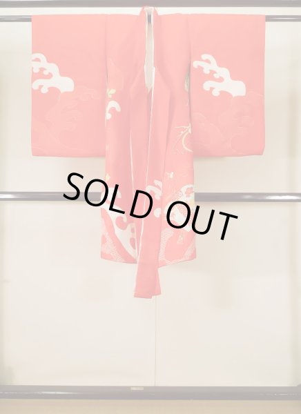 画像2: J1104M  子供用 女性用着物 花車柄 化繊   赤, ぼたん 【中古】 【USED】 【リサイクル】 ★★★★☆ (2)