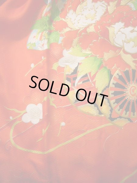 画像3: J1104M  子供用 女性用着物 花車柄 化繊   赤, ぼたん 【中古】 【USED】 【リサイクル】 ★★★★☆ (3)