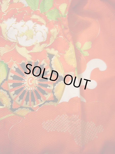 画像4: J1104M  子供用 女性用着物 花車柄 化繊   赤, ぼたん 【中古】 【USED】 【リサイクル】 ★★★★☆ (4)