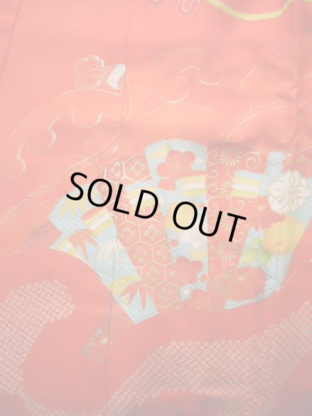 画像5: J1104M  子供用 女性用着物 花車柄 化繊   赤, ぼたん 【中古】 【USED】 【リサイクル】 ★★★★☆ (5)