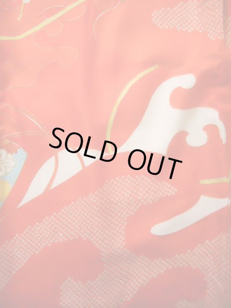 画像6: J1104M  子供用 女性用着物 花車柄 化繊   赤, ぼたん 【中古】 【USED】 【リサイクル】 ★★★★☆ (6)