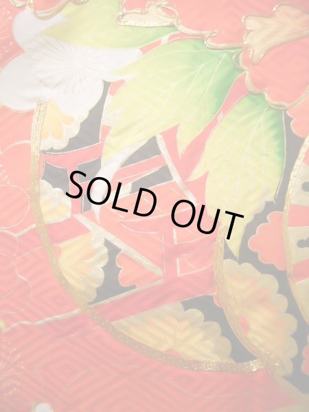 画像10: J1104M  子供用 女性用着物 花車柄 化繊   赤, ぼたん 【中古】 【USED】 【リサイクル】 ★★★★☆ (10)