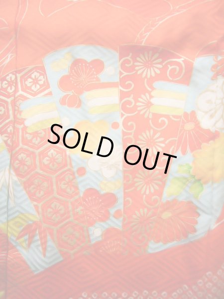 画像11: J1104M  子供用 女性用着物 花車柄 化繊   赤, ぼたん 【中古】 【USED】 【リサイクル】 ★★★★☆ (11)