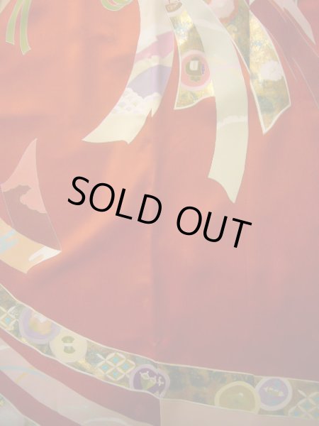 画像4: J1104N  子供用 女性用着物 熨斗柄 シルク(正絹)   赤, 菊 【中古】 【USED】 【リサイクル】 ★★★★☆ (4)