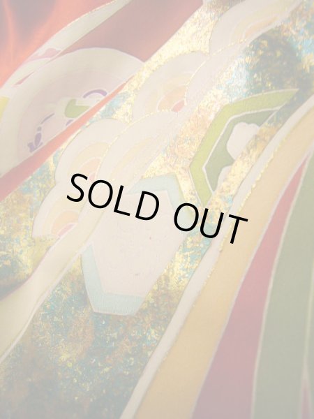 画像12: J1104N  子供用 女性用着物 熨斗柄 シルク(正絹)   赤, 菊 【中古】 【USED】 【リサイクル】 ★★★★☆ (12)