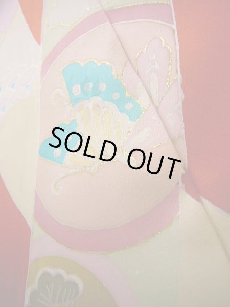 画像15: J1104N  子供用 女性用着物 熨斗柄 シルク(正絹)   赤, 菊 【中古】 【USED】 【リサイクル】 ★★★★☆ (15)