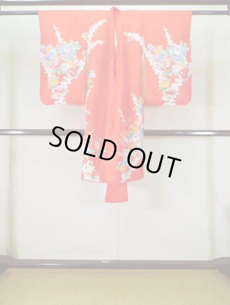 画像2: J1104S  子供用 女性用着物  シルク(正絹) 薄い  オレンジ, ぼたん 【中古】 【USED】 【リサイクル】 ★★★☆☆ (2)