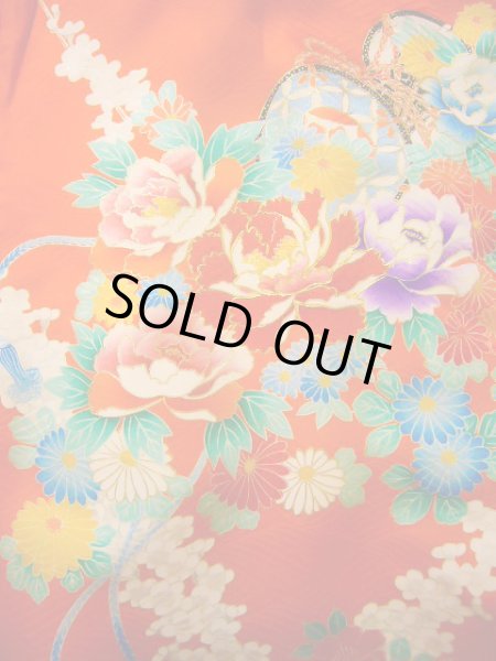 画像3: J1104S  子供用 女性用着物  シルク(正絹) 薄い  オレンジ, ぼたん 【中古】 【USED】 【リサイクル】 ★★★☆☆ (3)