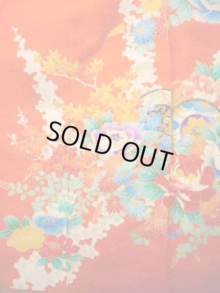 画像4: J1104S  子供用 女性用着物  シルク(正絹) 薄い  オレンジ, ぼたん 【中古】 【USED】 【リサイクル】 ★★★☆☆ (4)