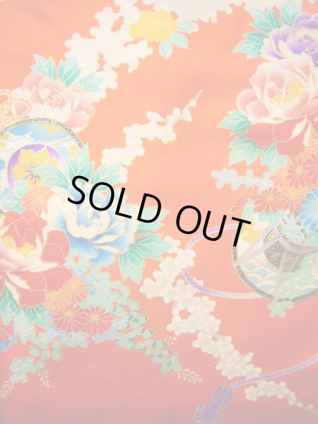 画像5: J1104S  子供用 女性用着物  シルク(正絹) 薄い  オレンジ, ぼたん 【中古】 【USED】 【リサイクル】 ★★★☆☆ (5)