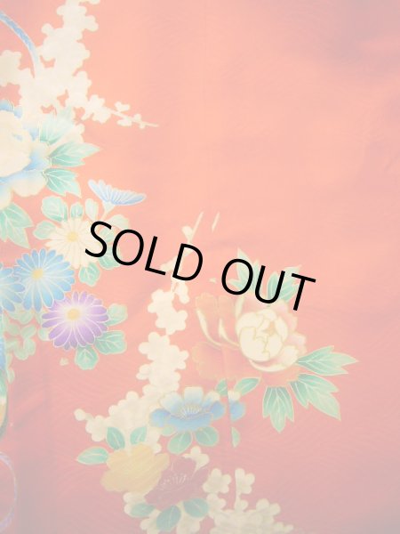 画像6: J1104S  子供用 女性用着物  シルク(正絹) 薄い  オレンジ, ぼたん 【中古】 【USED】 【リサイクル】 ★★★☆☆ (6)