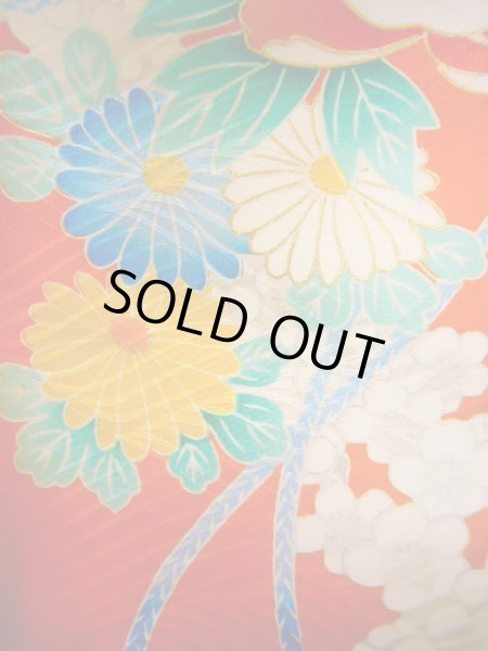 画像9: J1104S  子供用 女性用着物  シルク(正絹) 薄い  オレンジ, ぼたん 【中古】 【USED】 【リサイクル】 ★★★☆☆ (9)