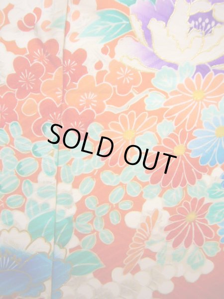 画像10: J1104S  子供用 女性用着物  シルク(正絹) 薄い  オレンジ, ぼたん 【中古】 【USED】 【リサイクル】 ★★★☆☆ (10)