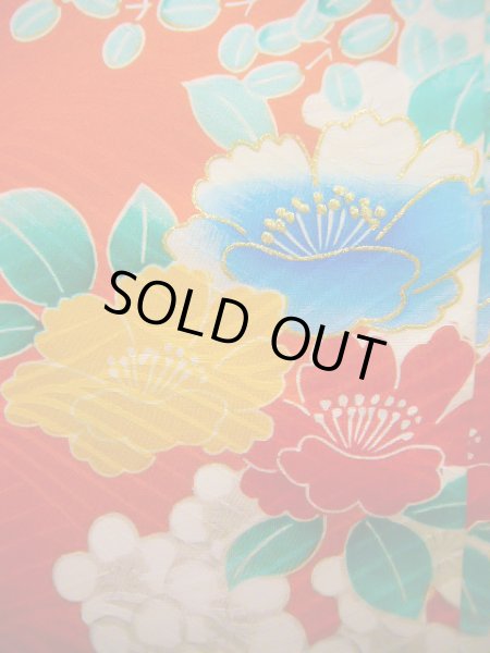 画像11: J1104S  子供用 女性用着物  シルク(正絹) 薄い  オレンジ, ぼたん 【中古】 【USED】 【リサイクル】 ★★★☆☆ (11)