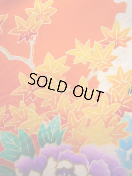 画像13: J1104S  子供用 女性用着物  シルク(正絹) 薄い  オレンジ, ぼたん 【中古】 【USED】 【リサイクル】 ★★★☆☆ (13)