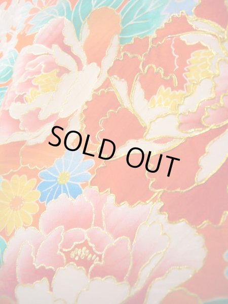 画像14: J1104S  子供用 女性用着物  シルク(正絹) 薄い  オレンジ, ぼたん 【中古】 【USED】 【リサイクル】 ★★★☆☆ (14)