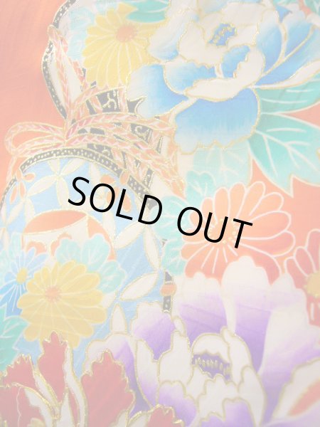 画像15: J1104S  子供用 女性用着物  シルク(正絹) 薄い  オレンジ, ぼたん 【中古】 【USED】 【リサイクル】 ★★★☆☆ (15)