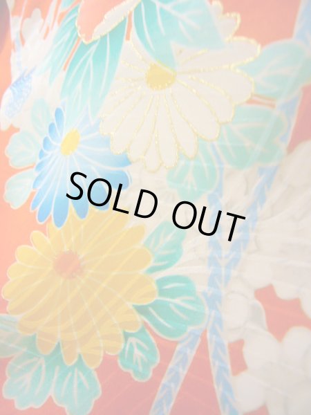 画像16: J1104S  子供用 女性用着物  シルク(正絹) 薄い  オレンジ, ぼたん 【中古】 【USED】 【リサイクル】 ★★★☆☆ (16)