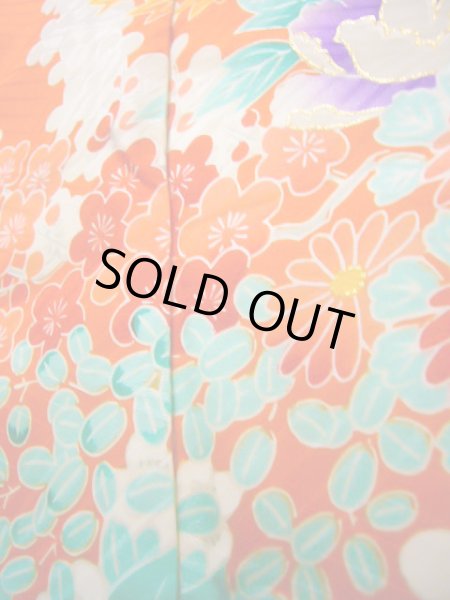 画像17: J1104S  子供用 女性用着物  シルク(正絹) 薄い  オレンジ, ぼたん 【中古】 【USED】 【リサイクル】 ★★★☆☆ (17)