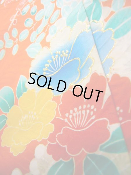 画像18: J1104S  子供用 女性用着物  シルク(正絹) 薄い  オレンジ, ぼたん 【中古】 【USED】 【リサイクル】 ★★★☆☆ (18)